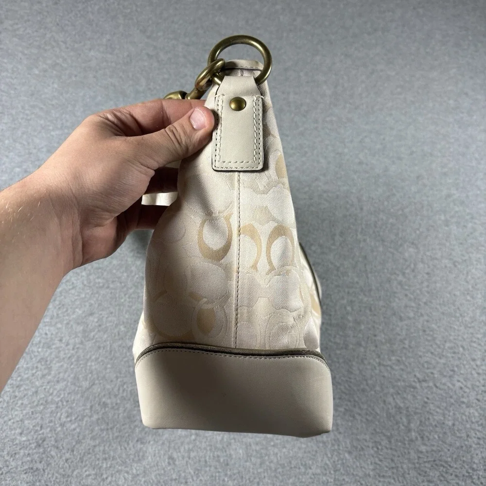 VTG Coach Optic Signature Hobo Bag Cream White Leather Canvas Shoulder Purse